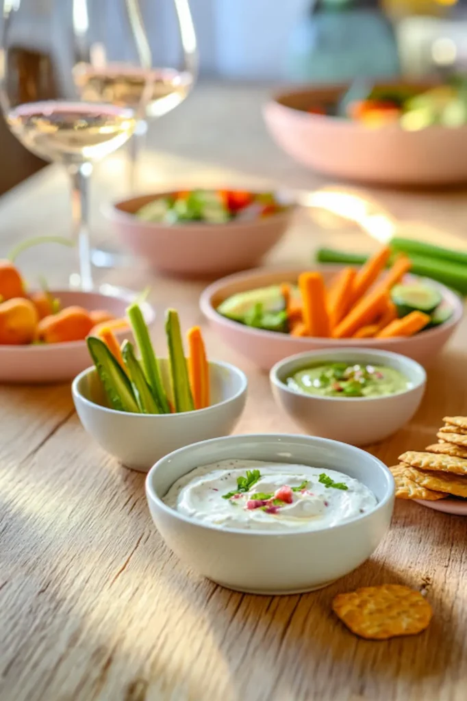 Table apéro complète avec dips crudités et boissons