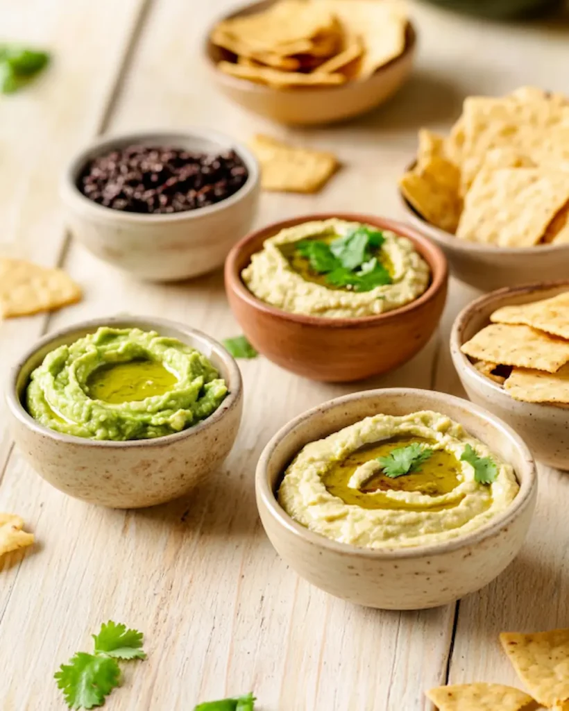 Plusieurs bols de dips colorés sur table en bois pour apéro

