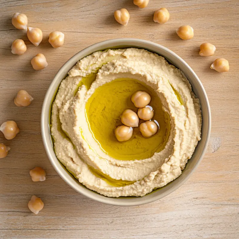 Houmous crémeux dans un bol sur table en bois