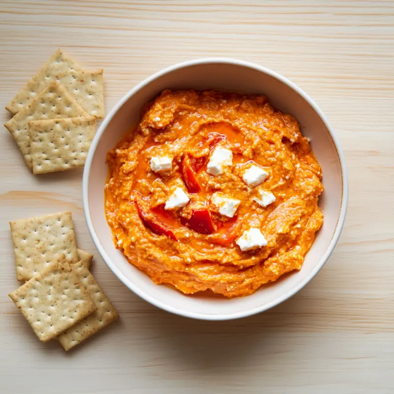Tartinade poivrons feta dans un bol sur table bois