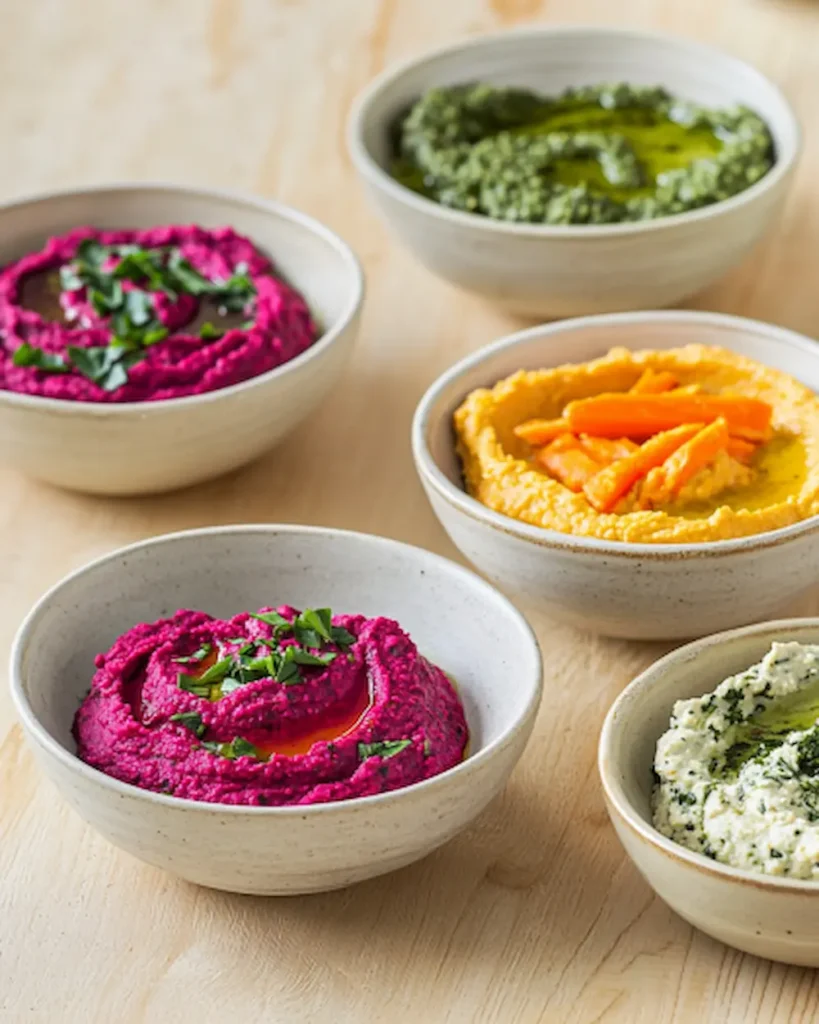 Plusieurs bols de dips frais colorés sur table en bois
