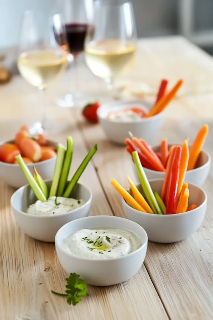 Table apéro avec dips sans cuisson et crudités
