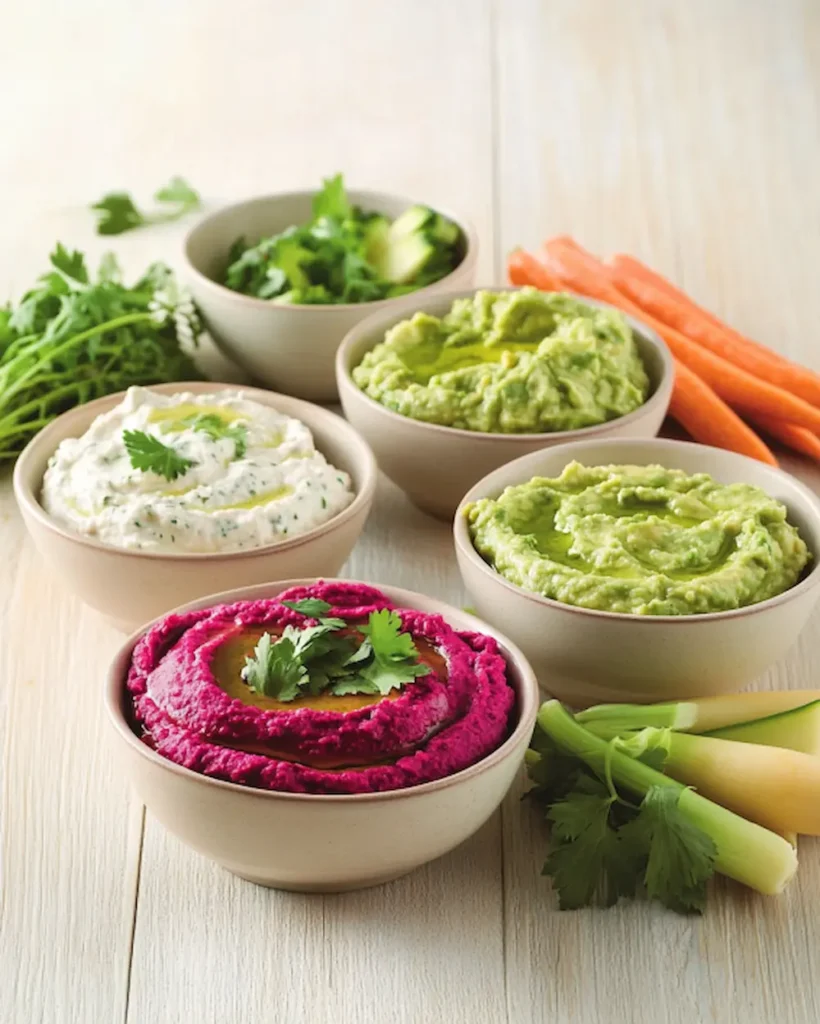 Plusieurs bols de dips frais colorés sur table en bois