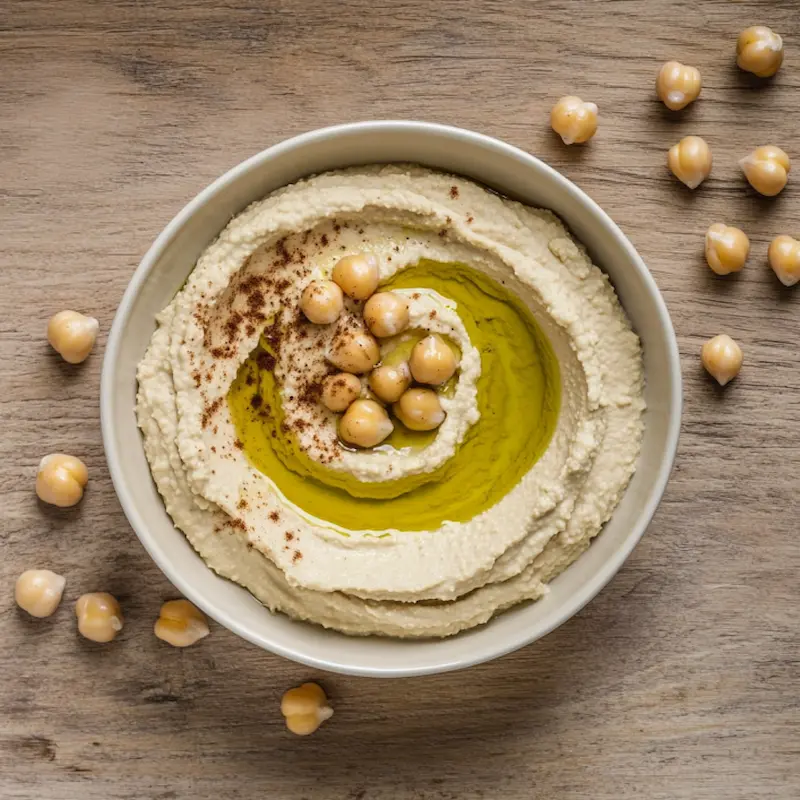 Houmous classique dans un bol sur table en bois