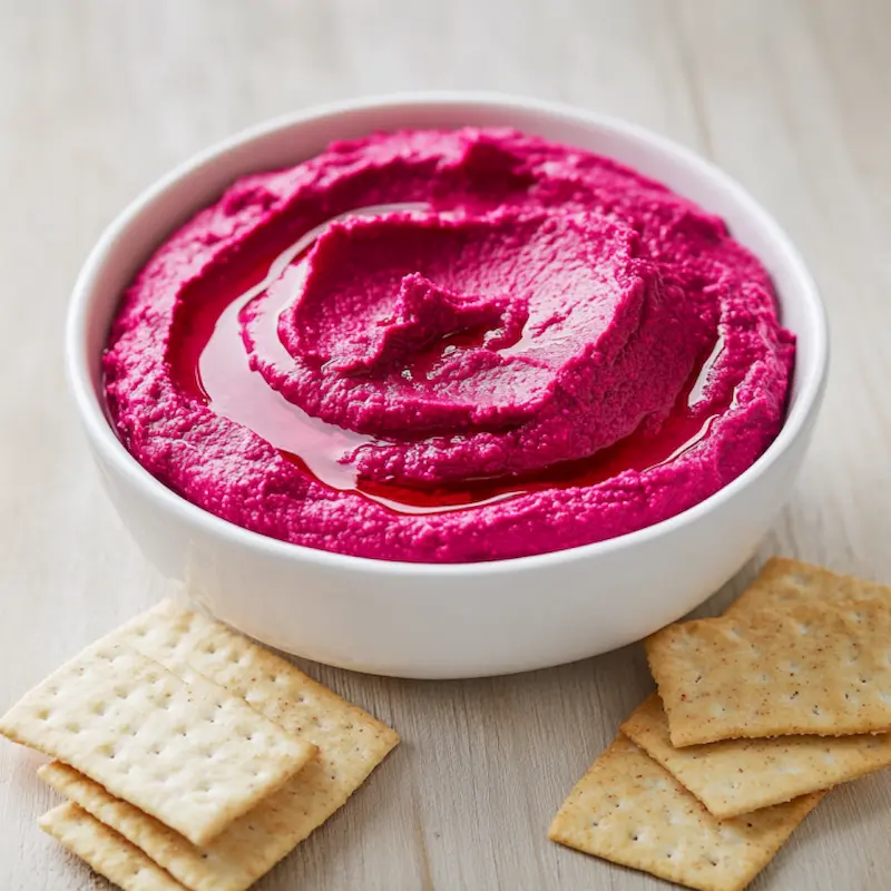 Houmous betterave rose dans un bol sur table bois