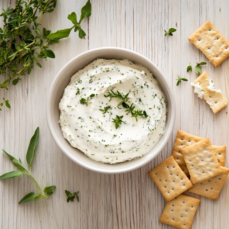 Fromage frais aux herbes dans un bol avec crackers