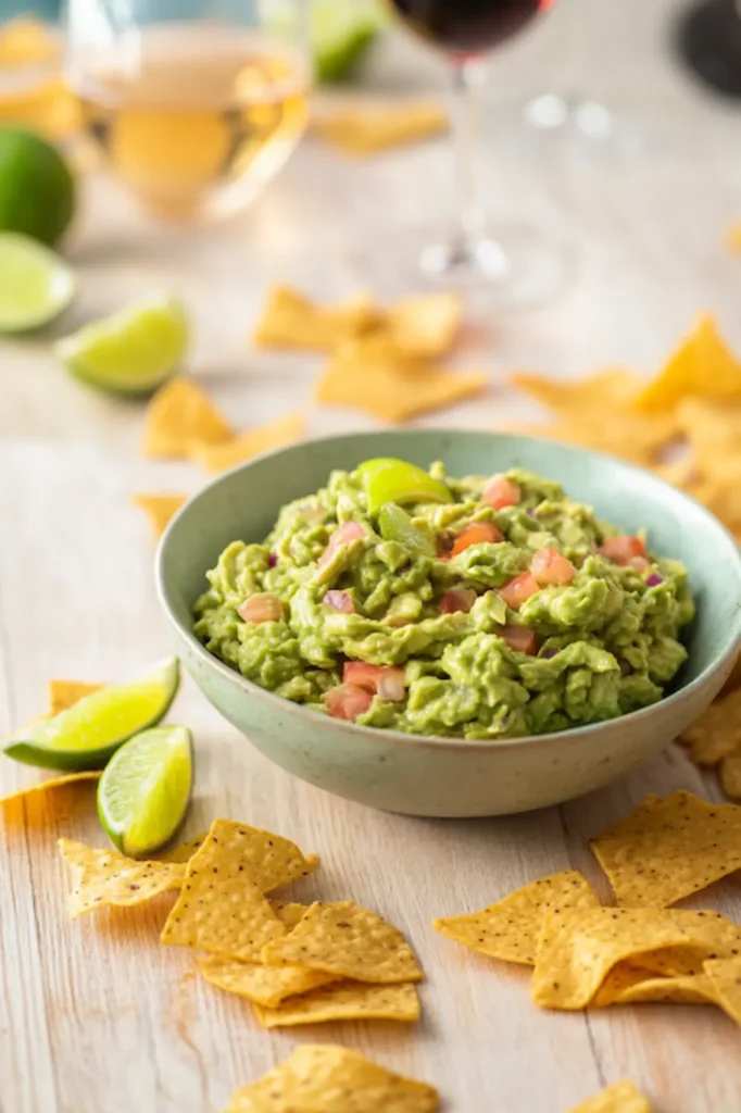 Bol de guacamole avec chips tortilla en ambiance apéro