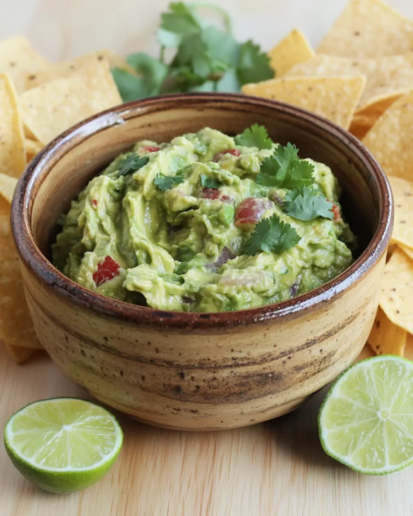Guacamole maison dans un bol avec tortilla chips sur table en bois