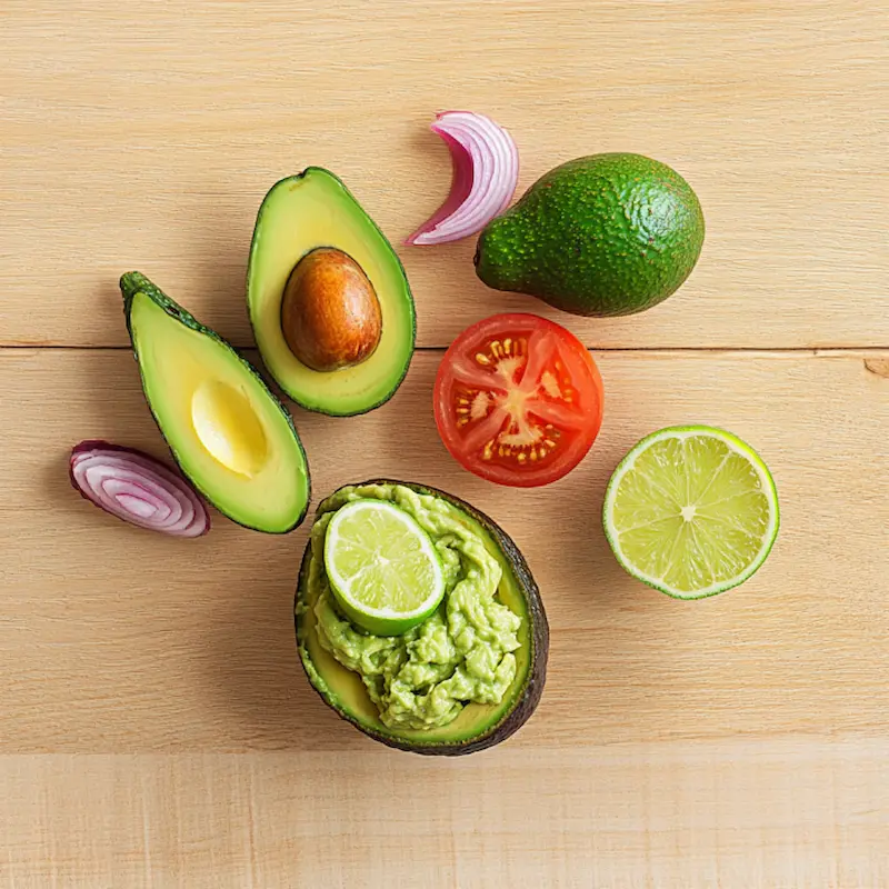Ingrédients guacamole disposés sur table en bois vue de dessus