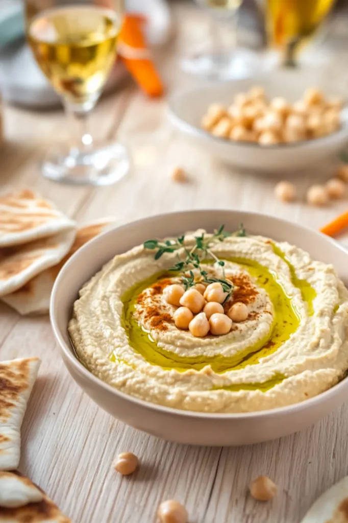 Bol de houmous avec pita et crudités en ambiance apéro