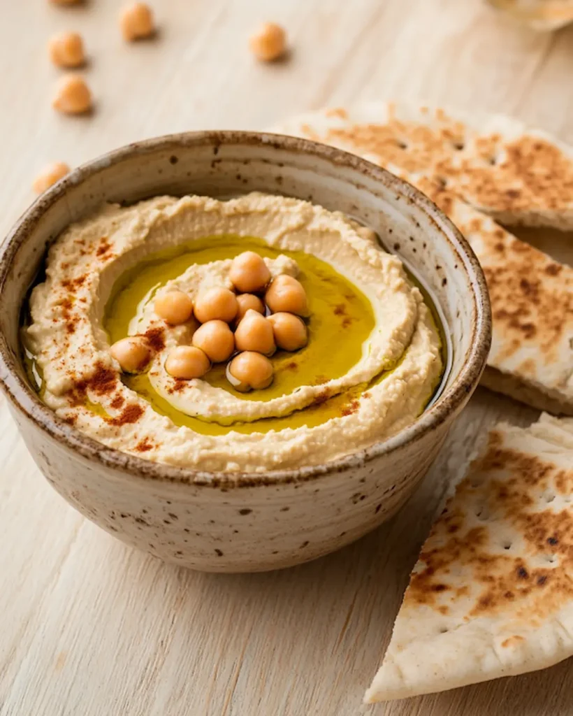 Houmous libanais crémeux dans un bol avec huile d'olive sur table en bois