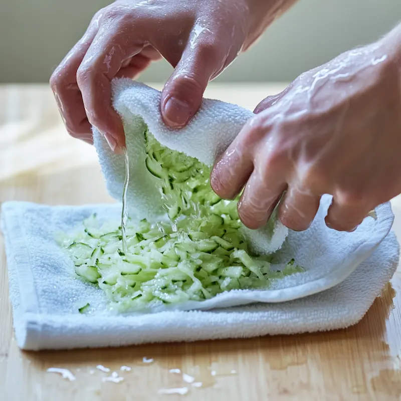 Main essorant concombre râpé dans un torchon
