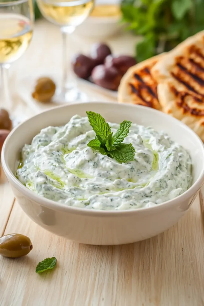 Bol de tzatziki avec pain pita et olives en ambiance apéro