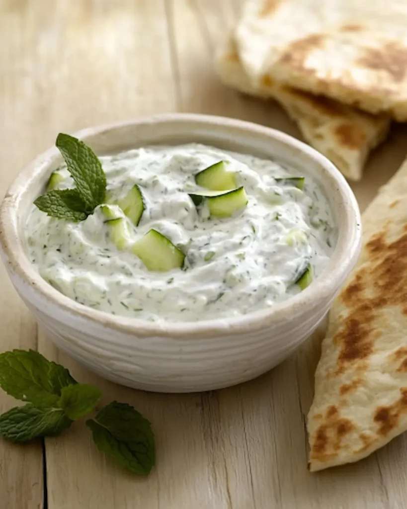 Tzatziki grec dans un bol avec pain pita sur table en bois