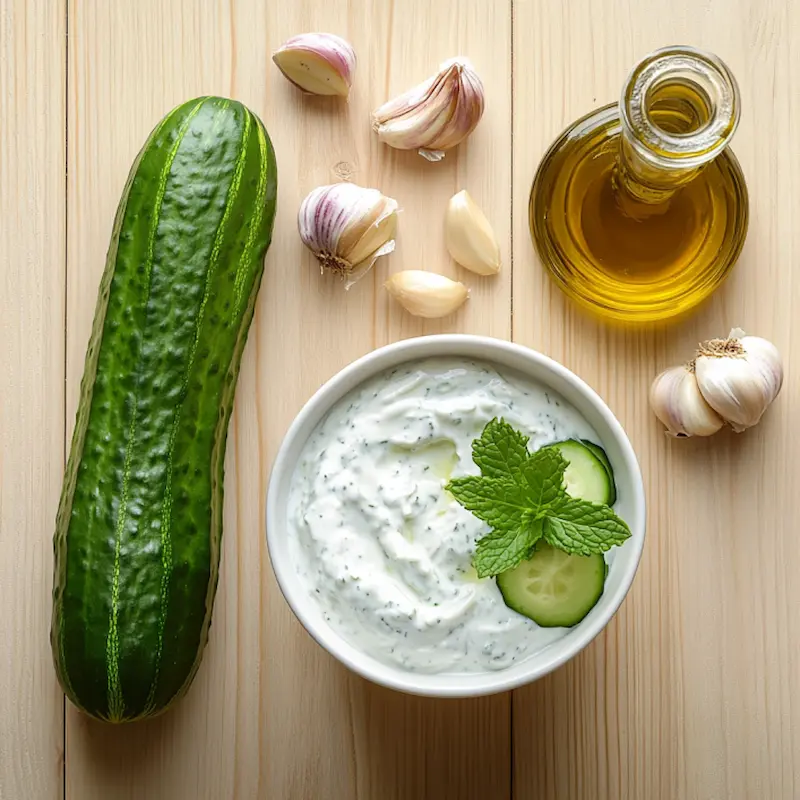 Ingrédients tzatziki disposés sur table en bois vue de dessus